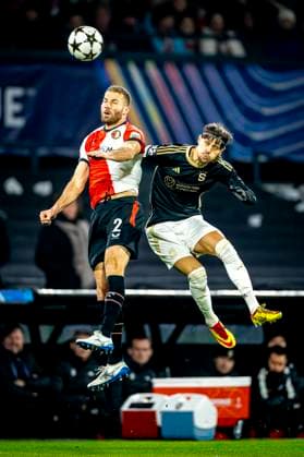 Feyenoord Rotterdam defender Bart Nieuwkoop, Sparta Praha midfielder Veljko Birmancevic during the match Feyenoord Sparta Praha at the Stadium De Kuip for the Champions League phase Matchday 6 season 2024 2025 in ROTTERDAM, Netherlands on 11 december 2024, photo by Marcel van Dorst EYE4images DeFodi Images Defodi 746 203667 Defodi-746