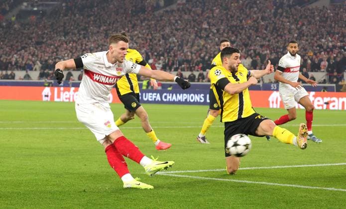 11 12 2024, Germany, Stuttgart, Football Champions League, VfB Stuttgart vs Young Boys Bern, f l Ermedin Demirovic VfB , Loris Bonito YB