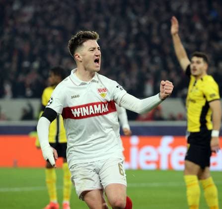 11 12 24 VfB Stuttgart Young Boys Bern Germany, Stuttgart, 11 12 2024, Football, UEFA Champions League, VfB Stuttgart Young Boys Bern Angelo Stiller VfB Stuttgart Jubel Tor 1 1 Stiller