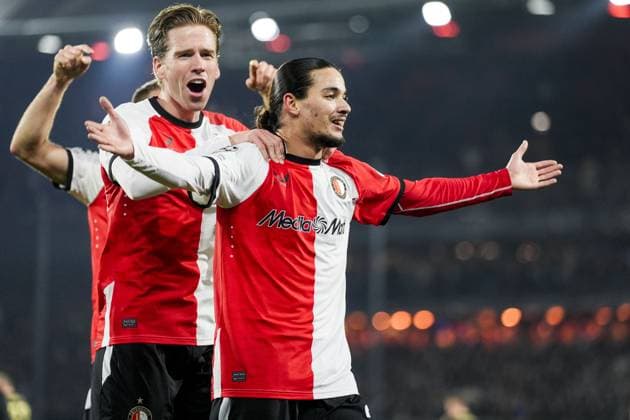 UEFA Champions League: Feyenoord v AC Sparta Praha Rotterdam - Gijs Smal of Feyenoord, Anis Hadj Moussa of Feyenoord during the sixth round of new format of the Champions League 2024 2025. The match is set between Feyenoord and AC Sparta Praha at Stadion Feijenoord De Kuip on 11 December 2024 in Rotterdam, The Netherlands. Copyright: xTomxBodex