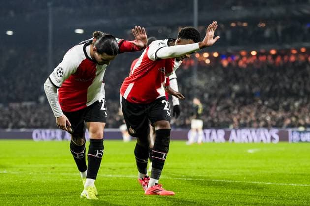 UEFA Champions League: Feyenoord v AC Sparta Praha Rotterdam - Anis Hadj Moussa of Feyenoord, Antoni Milambo of Feyenoord during the sixth round of new format of the Champions League 2024 2025. The match is set between Feyenoord and AC Sparta Praha at Stadion Feijenoord De Kuip on 11 December 2024 in Rotterdam, The Netherlands. Copyright: xTomxBodex