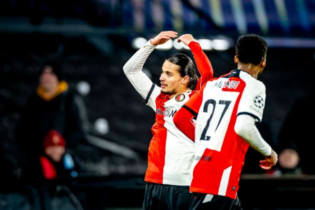 Feyenoord Rotterdam forwarder Anis Hadj Moussa celebrating the goal during the match Feyenoord Sparta Praha at the Stadium De Kuip for the Champions League phase Matchday 6 season 2024 2025 in ROTTERDAM, Netherlands on 11 december 2024, photo by Marcel van Dorst EYE4images DeFodi Images Defodi 746 203686 Defodi-746