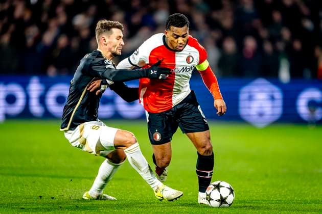 Feyenoord Rotterdam midfielder Ramiz Zerrouki, Feyenoord Rotterdam midfielder Quinten Timber during the match Feyenoord Sparta Praha at the Stadium De Kuip for the Champions League League phase Matchday 6 season 2024 2025 in ROTTERDAM, Netherlands on 11 december 2024, photo by Marcel van Dorst EYE4images DeFodi Images Defodi 746 203691 Defodi-746