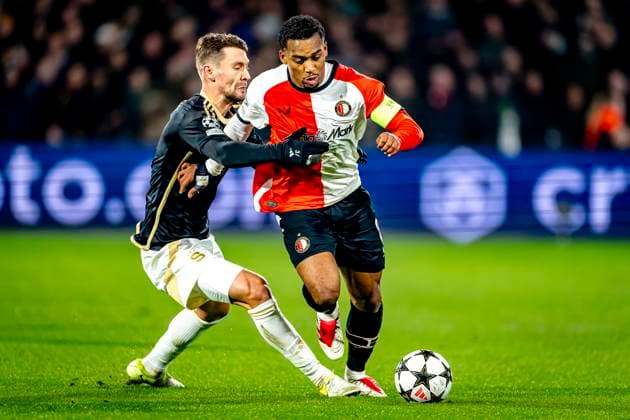 Feyenoord Rotterdam midfielder Ramiz Zerrouki, Feyenoord Rotterdam midfielder Quinten Timber during the match Feyenoord Sparta Praha at the Stadium De Kuip for the Champions League League phase Matchday 6 season 2024 2025 in ROTTERDAM, Netherlands on 11 december 2024, photo by Marcel van Dorst EYE4images DeFodi Images Defodi 746 203699 Defodi-746