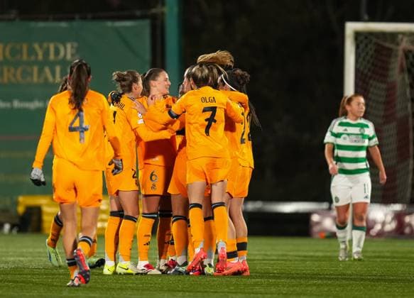 Signe Bruun of Real Madrid celebrates with team mates after scoring to give Real Madrid a 0-1 lead. Celtic Women v Real Madrid Women, UEFA Women s Champions League, Group B, Football, New Douglas Park , Hamilton, Scotland, UK - 11 Dec 2024 EDITORIAL USE ONLY No use with unauthorised audio, video, data, fixture lists, club league logos or live services. Online in-match use limited to 120 images, no video emulation. No use in betting, games or single club league player publications. Copyright: xStuartxWallace Shutterstockx 14985021o