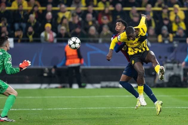 GER, Champions League, Borussia Dortmund vs FC Barcelona 11 12 2024, SIgnal Iduna Park, Dortmund, GER, Champions League, Borussia Dortmund vs FC Barcelona In the picture Sehrou Guirassy Borussia Dortmund, 9 with header nordphotoxGmbHxx xChristianxSchulze nph000300