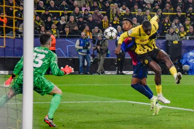 Penalty area scene Goal chance by Serhou Guirassy Dortmund 9 11 12 2024 Football, Champions League, Borussia Dortmund vs FC Barcelona, Signal Iduna Park, Dortmund, NRW Germany Copyright: xpepphotox xSaschaxWeizx pep00321, pep_20241211_hm_0145