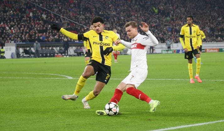 11 12 2024, Germany, Stuttgart, Football Champions League, VfB Stuttgart vs Young Boys Bern, from left Athekame Zachary Bern Maximilian Mittelstädt VfB