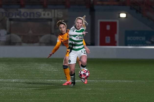 UK: Celtic v Real Madrid, UEFA Women‚Äôs Champions League at New Douglas Park, Hamilton, Scotland on 11 December 2024: Pictured: Olga Carmona (Real Madrid) and Morgan Cross (Celtic) Hamilton New Douglas Park Scotland Copyright: xAlexxToddx