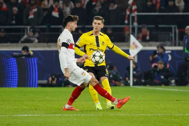 Atakan Karazor VfB Stuttgart, 16 and Lukasz Lakomy BSC Young Boys, 08 in duel , Football, UEFA Champions League, Matchday 6, 2024 2025, VfB Stuttgart vs Young Boys Bern, 11 12 2024, Arena Stuttgart, Stuttgart, Germany Stuttgart Arena Stuttgart Baden Württemberg Germany Copyright: xGrantxHubbsx
