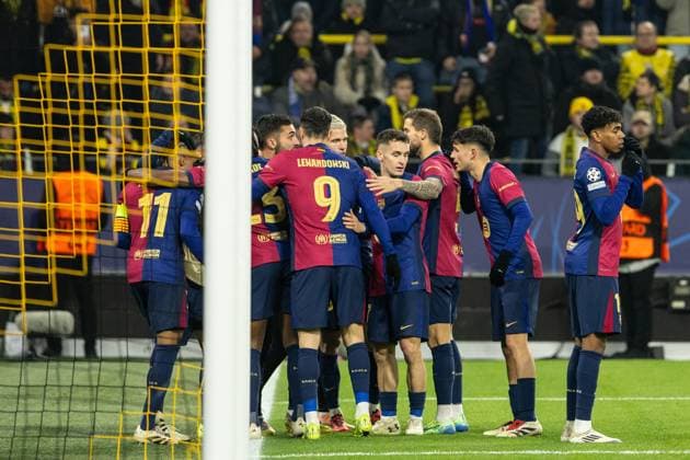 UEFA Champions League Borussia Dortmund Barcelona 11 12 2024 Celebration for 0 1 by Raphinha Barcelona, 11 UEFA Champions League Borussia Dortmund Barcelona Signal Iduna Park, Dortmund 11 12 2024 Copyright: xBEAUTIFULxSPORTS Buriakovx