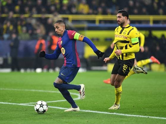 persons on the way to score his team™s first goal during the UEFA Champions League 2024 25 League Phase 6 matchday match between Borussia Dortmund and FC Barcelona, SIGNAL IDUNA PARK on December 11, 2024 in Dortmund, Germany, Germany Photo by Ralf Treese DeFodi Images Raphinha FC Barcelona and Emre Can Borussia Dortmund on the way to score his team™s first goal during the UEFA Champions League 2024 25 League Phase MD6 match between Borussia Dortmund and FC Barcelona at Signal Iduna Park on December 11, 2024 in Dortmund, Germany Defodi 521 BVBFCB20241211 024 Defodi-521
