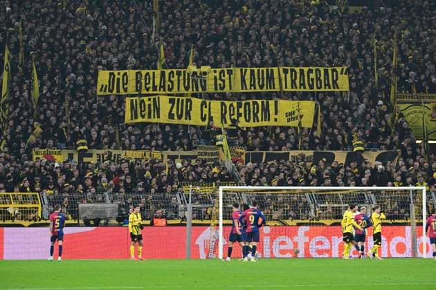 Poster against the CL reform, Borussia Dortmund vs FC Barcelona , Football, Champions League, Matchday 6, 11 12 2024 Dortmund North Rhine-Westphalia Germany Copyright: xkolbert-press MarcxNiemeyerx
