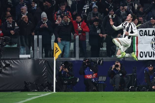 Dusan Vlahovic (Juventus Fc) celebrates after scoring his team s first goal, UEFA Champions League 2024 25 League Phase MD1, Juventus Turin v Manchester City, Allianz Stadium, December 11, 2024, Turin, Italy.
