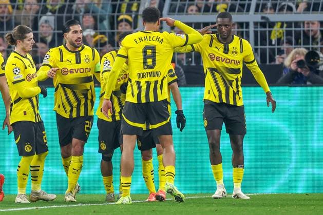 11 12 2024, UEFA Champions League, Borussia Dortmund FC Barcelona, Matchday 8, Signal Iduna Park, Season 2024 2025 Goal to equalize 1 1 by Serhou Guirassy BVB 9 Penalty kick Goal celebration Goal scorer together with Felix Nmecha BVB 8 North Rhine-Westphalia Germany
