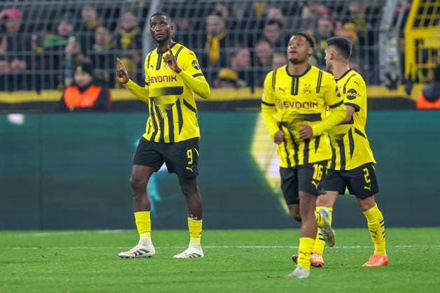 11 12 2024, UEFA Champions League, Borussia Dortmund FC Barcelona, Matchday 8, Signal Iduna Park, Season 2024 2025 Goal to equalize 1 1 by Serhou Guirassy BVB 9 Penalty kick Goal celebration Goalscorer North Rhine-Westphalia Germany