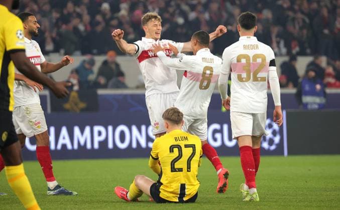 11 12 2024, Germany, Stuttgart, Football Champions League, VfB Stuttgart vs Young Boys Bern, cheering after the 5 1 goal, scorer Yannik Keitel VfB