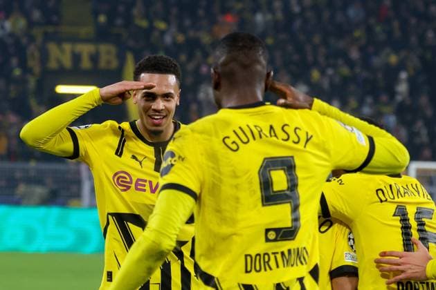 Dortmund, Germany 11 December 2024 Champions League 2024 2025 Borussia Dortmund vs FC Barcelona Pictured from left Felix Nmecha BVB salutes goal scorer Serhou Guirassy BVB Signal Iduna Park North Rhine-Westphalia Copyright: xFotostandx xFantinix