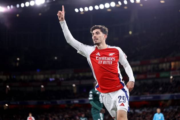 Arsenal gegen Monaco 11. Dezember 2024, London UEFA Champions League Arsenal gegen Monaco Kai Havertz von Arsenal feiert das dritte Tor Foto Jacques Feeney Abseits London UK  Copyright: xJacquesxFeeneyx xOffsidexOffside