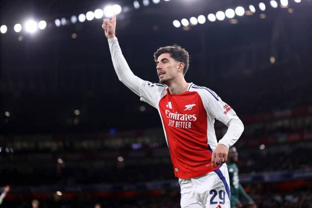 Arsenal gegen Monaco 11. Dezember 2024, London UEFA Champions League Arsenal gegen Monaco Kai Havertz von Arsenal feiert das dritte Tor Foto Jacques Feeney Abseits London UK  Copyright: xJacquesxFeeneyx xOffsidexOffside