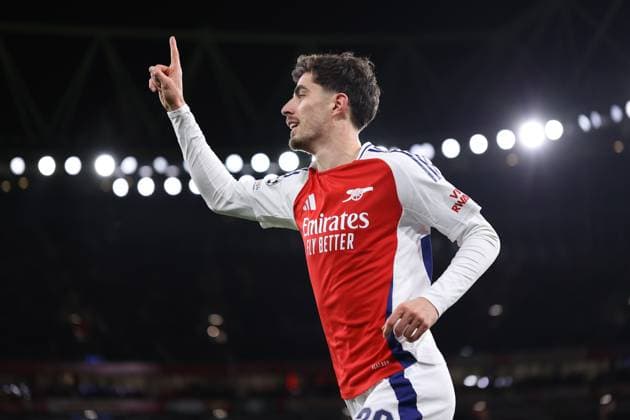 Arsenal gegen Monaco 11. Dezember 2024, London UEFA Champions League Arsenal gegen Monaco Kai Havertz von Arsenal feiert das dritte Tor Foto Jacques Feeney Abseits London UK  Copyright: xJacquesxFeeneyx xOffsidexOffside