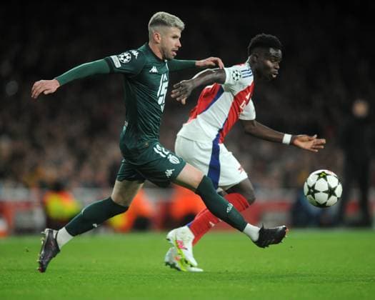 Football - 2024 2025 UEFA Champions League - League Phase - Matchday 6 of 8 - Arsenal vs Monaco - Emirates Stadium - Wednesday 11th December 2024 Bakayo Saka of Arsenal and Carlo Henrigue of Monaco 