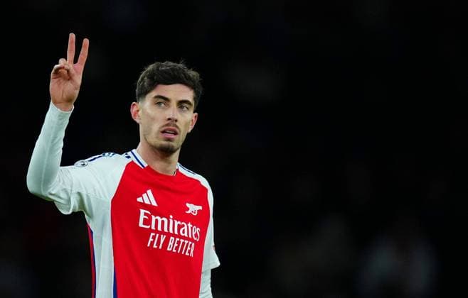 Kai Havertz of Arsenal celebrates at full time Arsenal v Monaco, UEFA Champions League, Group Stage, Football, Emirates Stadium, London, UK - 11 Dec 2024 EDITORIAL USE ONLY No use with unauthorised audio, video, data, fixture lists, club league logos or live services. Online in-match use limited to 120 images, no video emulation. No use in betting, games or single club league player publications. Copyright: xJavierxGarcia Shutterstockx 14984979ai