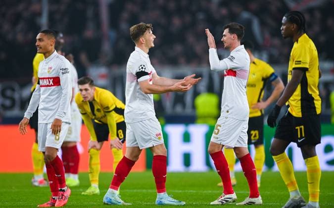 Pascal Stenzel VfB Stuttgart and Yannik Keitel VfB Stuttgart celebrate the win after the UEFA Champions League 2024 25 League Phase MD6 match between VfB Stuttgart and BSC Young Boys at MHPArena on December 11, 2024 in Stuttgart, Germany Photo by Silas Schueller DeFodi Images Defodi 738 738 VFBYBB 20241211 214 Defodi-738