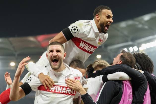 11 12 2024, Germany, Stuttgart, Football Champions League, VfB Stuttgart vs Young Boys Bern, f l Jeff Chabot VfB Josha Vagnoman VfB cheer after the goal for 4 1