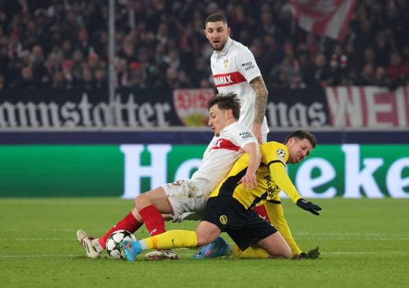 11 12 2024, Germany, Stuttgart, Football Champions League, VfB Stuttgart vs Young Boys Bern, f l Anthony Rouault VfB , Jeff Chabot VfB , Cedric Itten YB