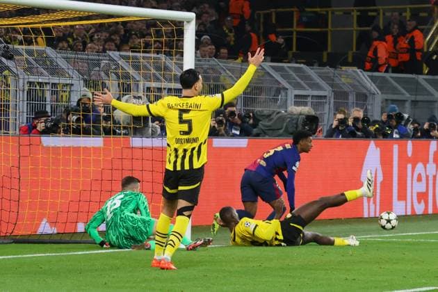 Dortmund, Germany 11 December 2024 Champions League 2024 2025 Borussia Dortmund vs FC Barcelona In the picture from left third Serhou Guirassy BVB almost scores a goal for Borussia Dortmund Signal Iduna Park Nordrhein Westfalen Copyright: xFotostandx xFantinix