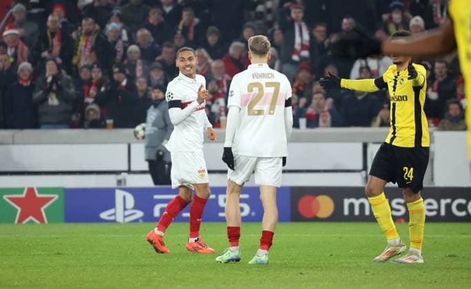 11 12 24 VfB Stuttgart Young Boys Bern Germany, Stuttgart, 11 12 2024, Football, UEFA Champions League, VfB Stuttgart Young Boys Bern Enzo Millot VfB Stuttgart Jubel Tor 2 1 Millot