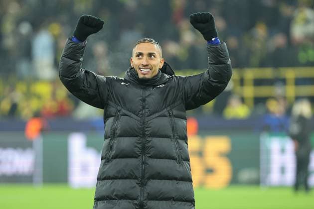 UEFA Champions League Borussia Dortmund FC Barcelona on 11 12 2024 at Signal Iduna Park in Dortmund Raphinha Barcelona 11 cheers and is happy about the victory MH