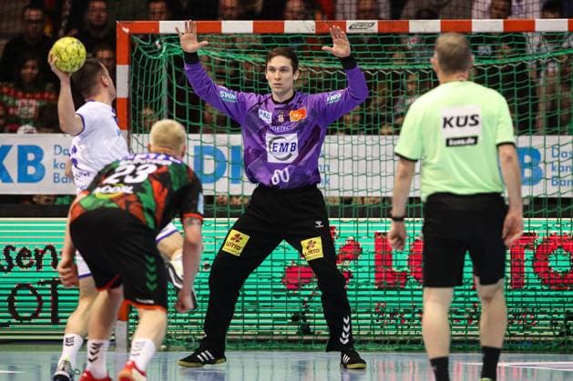 Goalkeeper Nikola Portner SC Magdeburg,80 vs Milos Vujovic VfL Gummersbach,6 Handball Bundesliga Season 2024 2025 SC Magdeburg vs VfL Gummersbach at the GETEC Arena in Magdeburg Action,Handball,Germany,11 12 2024