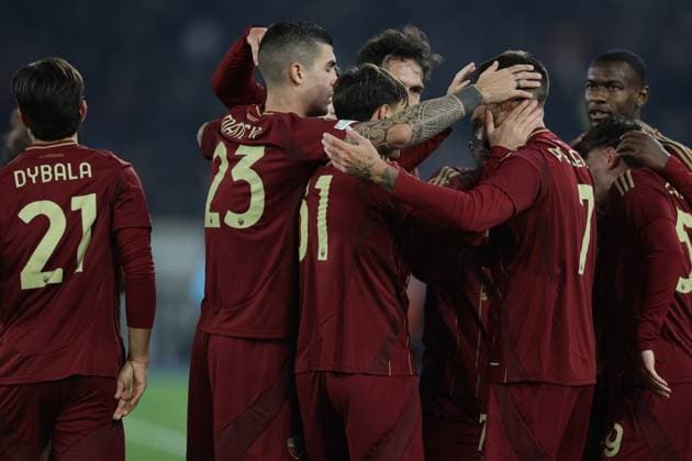 Romaâ??s Italian midfielder Lorenzo Pellegrini celebrates after scoring a goal during UEFA Europa League phase match day 6 match between AS Roma vs Sporting Braga at Olimpico stadium on December 12, 2024 in Rome, Italy.  Copyright: xAntonioxBalasco IPAxSportx xipa-agency.netx xx IPA_52345285 IPA_Agency_IPA52345285