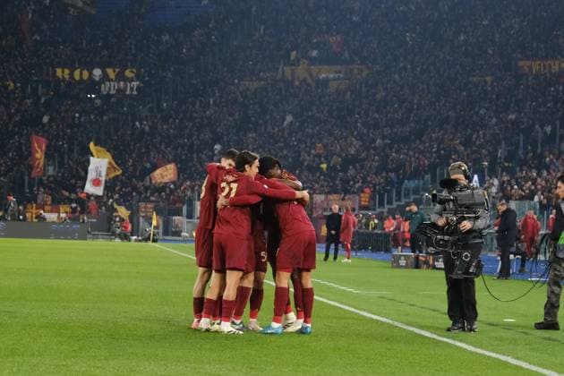 UEFA Europa League phase match day6 AS Roma vs Sporting Braga Roma™s Italian midfielder Lorenzo Pellegrini celebrates after scoring a goal during UEFA Europa League phase match day 6 match between AS Roma vs Sporting Braga at Olimpico stadium on December 12, 2024 in Rome, Italy. ABP03239 Copyright: xAntonioxBalascox