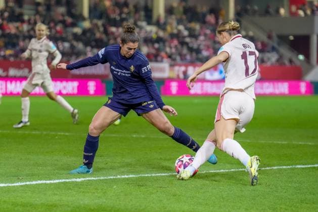 Klara Bühl 17 FC Bayern and Valentina Bergamaschi 22 Juventus Turin in action at the UEFA Womens Champions League match FC Bayern Munich Juventus Turin on 12 12 2024 Munich FC Bayern Campus Bayern Germany