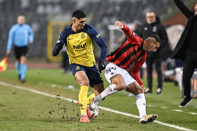 Union s Anan Khalaili and Nice s Badredine Bouanani fight for the ball during a soccer game between Belgian soccer team Royale Union Saint-Gilloise and French OGC Nice, on Thursday 12 December 2024 in Brussels, on day 6 8 of the League phase of the UEFA Europa League tournament. BRUNOxFAHY  x108097510x