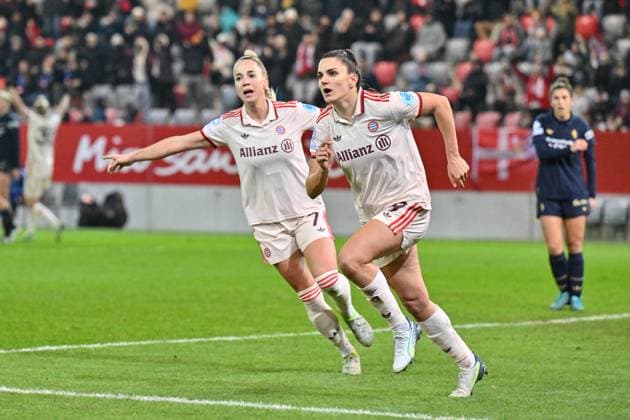 UEFA Womens s Champions League FC Bayern Munich Women Juventus Turin Women 12 12 2024 Cheering after scoring 1 0 for FCB Women by Jovana DAMNJAVOVIC FCB 9 Joy Happy Goal Goal scorer Womens Champions League FC Bayern Women Juventus FC, FC Bayern Campus on 12 12 2024 Copyright: xBEAUTIFULxSPORTS Goldbergx