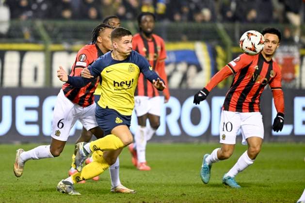 Royale Union Saint-Gilloise v Nice - UEFA Europa League BRUSSELS, BELGIUM - DECEMBER 12 : Hicham Boudaoui of Nice and Ivanovic Franjo forward of Royale Union Saint-Gilloise during the UEFA Europa League 2024 25 League Phase MD6 match between Royale Union Saint-Gilloise and Nice on December 12, 2024 in Brussels, Belgium, 12 12 2024 Brussels Belgium  Copyright: xVincentxKalutx