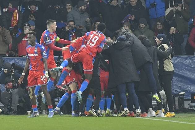 Plzen players celebrate a goal in action during the football Europa League 6th round match Viktoria Plzen vs Manchester United, ManU in Pilsen, Czech Republic, December 12, 2024. (CTKxPhoto MiroslavxChaloupka) CTKPhotoP2024121207376  CTKPhotoP2024121207376