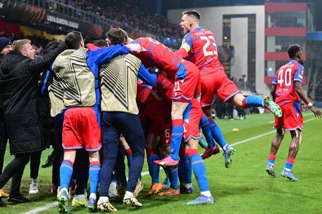 Plzen players celebrate a goal in action during the football Europa League 6th round match Viktoria Plzen vs Manchester United, ManU in Pilsen, Czech Republic, December 12, 2024. (CTKxPhoto MichalxKamaryt) CTKPhotoP2024121207383  CTKPhotoP2024121207383