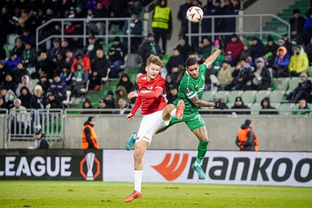 Football - Europa League - Group Stage - PFC Ludogorets - AZ Alkmaar - 12.12.2024 Wouter Goes (L) and Erick Marcus (R) Bulgaria Copyright: xYulianxTodorovx