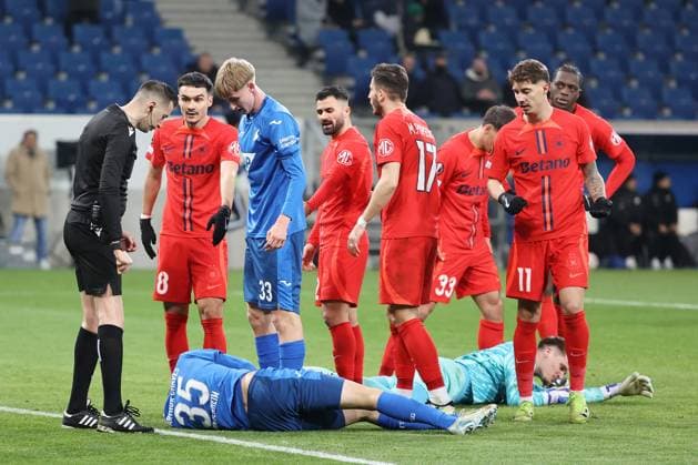 12 12 2024, xtvx, Football UEFA Europa League, TSG 1899 Hoffenheim FCSB Bucharest emspor, v l injury Arthur Chaves TSG 1899 Hoffenheim goalkeeper Stefan Tarnovanu FC Steaua Bucharest DFL DFB REGULATIONS PROHIBIT ANY USE OF PHOTOGRAPHS as IMAGE SEQUENCES and or QUASI VIDEO Sinsheim
