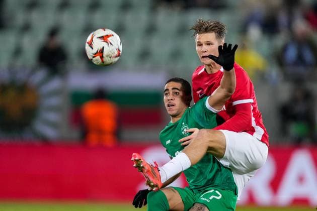 2024-12-12 Ludogorets v AZ Alkmaar - UEFA Europa League 2024 25 League Phase MD6 RAZGRAD, BULGARIA - DECEMBER 12: Erick Marcus of Ludogorets and David Moller Wolfe of AZ battle for possession during a UEFA Europa League 2024 25 League Phase MD6 match between Ludogorets and AZ Alkmaar at Huvepharma Arena on December 12, 2024 in Razgrad, Bulgaria. Razgrad Huvepharma Arena Bulgaria Content not available for redistribution in The Netherlands directly or indirectly through any third parties. Copyright: xEdxvanxdexPolx