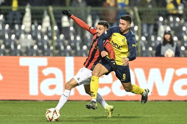 Nice s Jonathan Clauss and Union s Franjo Ivanovic fight for the ball during a soccer game between Belgian soccer team Royale Union Saint-Gilloise and French OGC Nice, on Thursday 12 December 2024 in Brussels, on day 6 8 of the League phase of the UEFA Europa League tournament. BRUNOxFAHY  x108103707x