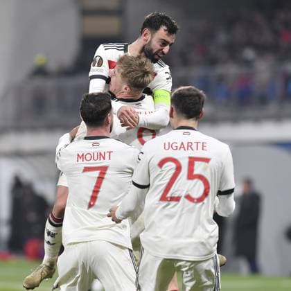 Manchester players celebrate a goal during the football Europa League 6th round match Viktoria Plzen vs Manchester United, ManU in Pilsen, Czech Republic, December 12, 2024. (CTKxPhoto MiroslavxChaloupka) CTKPhotoP2024121207693  CTKPhotoP2024121207693