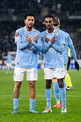 241212 Sergio Pena and Taha Ali of Malmö FF celebrate after 2 2 during the UEFA Europa League football match between Malmö FF and Galatasaray on December 12, 2024 in Malmö Photo Petter Arvidson BILDBYRAN kod PA PA0940 fotboll football soccer fotball uefa europa league europa league malmö ff galatasaray bbeng jubel  Copyright: PETTERxARVIDSON BB241212PA146