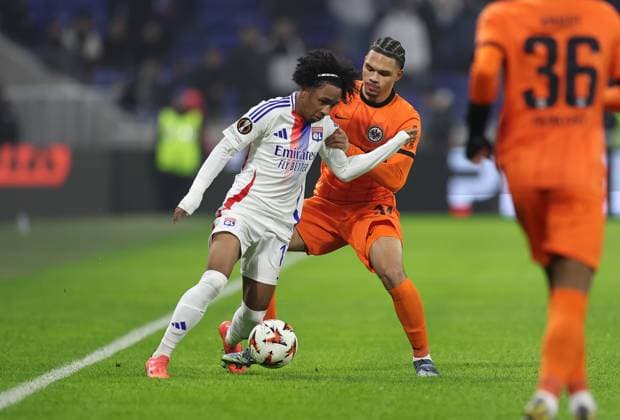 12 12 2024, Football UEFA Europa League, Olympique Lyon Eintracht Frankfurt, emonline, emspor, v l , Malick Fofana Olympique Lyon , Pharell Nnamdi Collins Eintracht Frankfurt DFL DFB REGULATIONS PROHIBIT ANY USE OF PHOTOGRAPHS AS IMAGE SEQUENCES AND OR QUASI VIDEO xdcx Copyright: HMBxMedia Claus