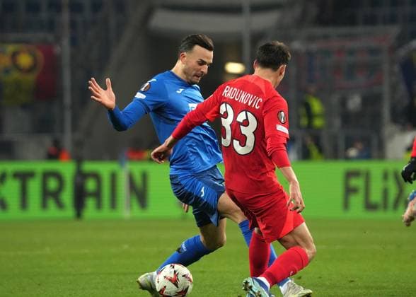 Europa League, TSG 1899 Hoffenheim vs FCSB Bucharest 12 12 2024, PreZero Arena, Sinsheim, Europa League, TSG 1899 Hoffenheim vs FCSB Bucharest , in the picture Haris Tabakovic Hoffenheim , Risto Radunovic Bucharest nordphotoxGmbHx xBratic nph00250